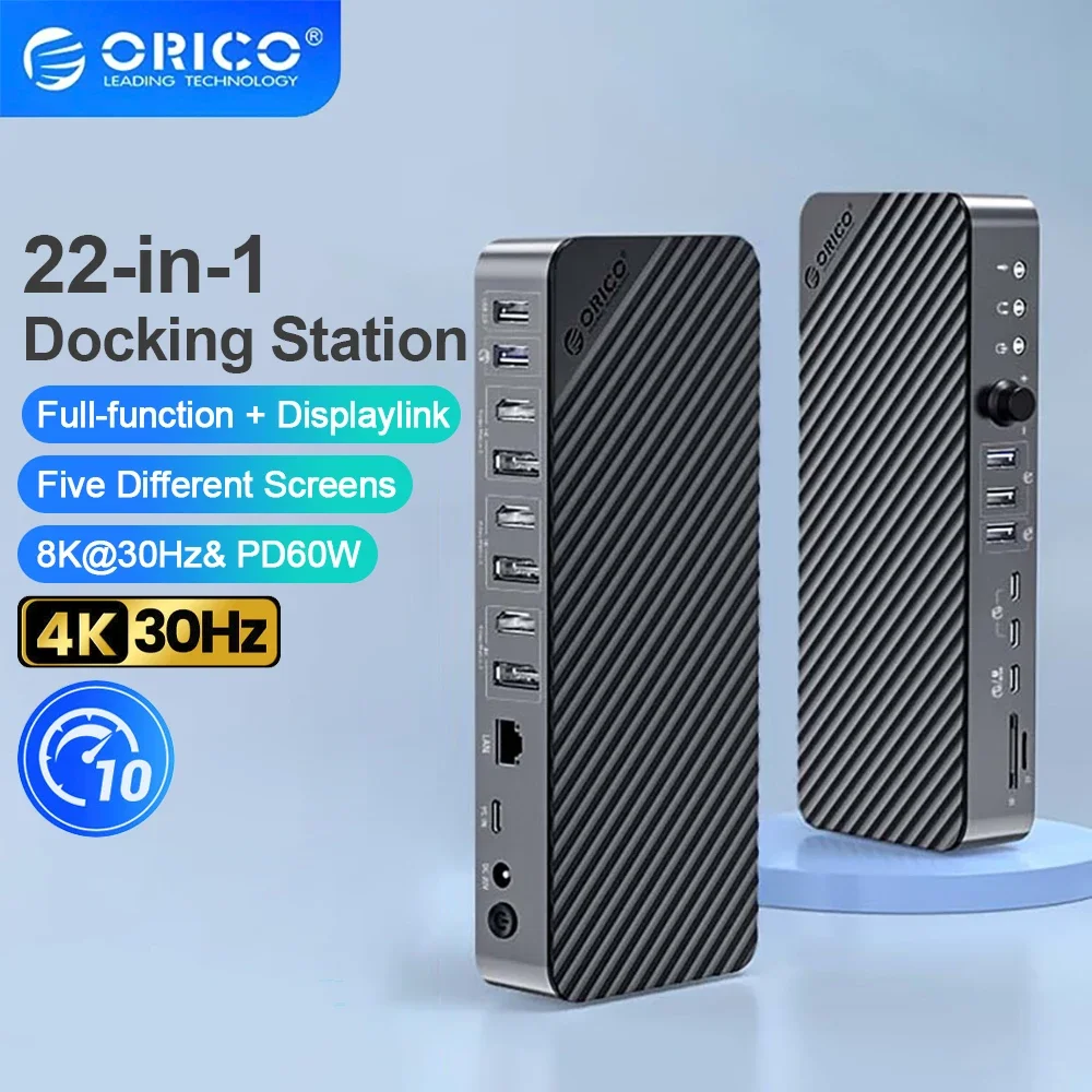 ORICO-estación de acoplamiento de escritorio tipo C a 8K30Hz, HDMI-Com, 5 pantallas diferentes, RJ45, 22 en 1, Hub Usb de Audio Mult, Accesorios para ordenador portátil