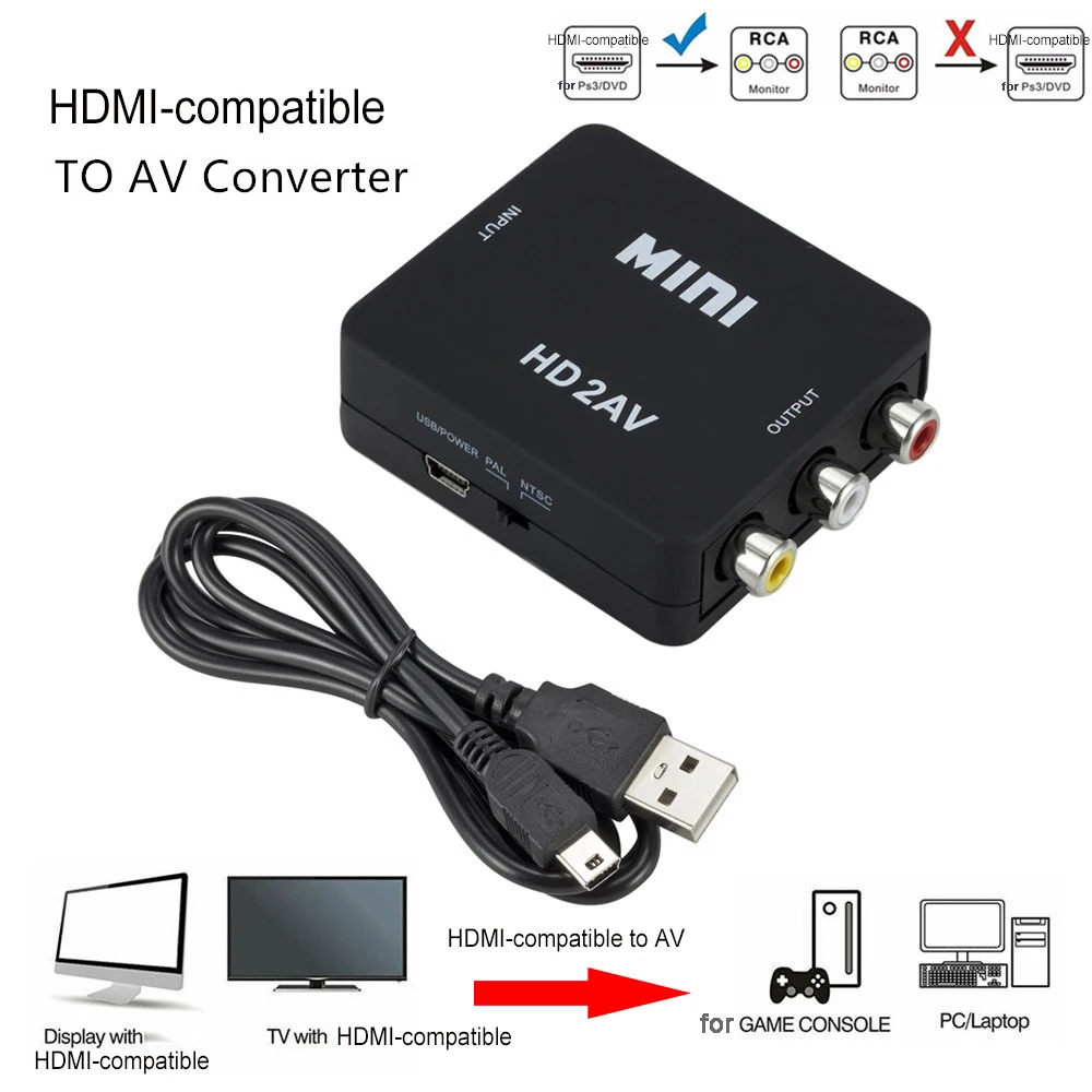 Caja convertidora de vídeo HD Compatible con HDMI a RCA AV/CVSB L/R Video 1080P compatible con NTSC PAL adaptador escalador AV Compatible con HDMI - imagen 2