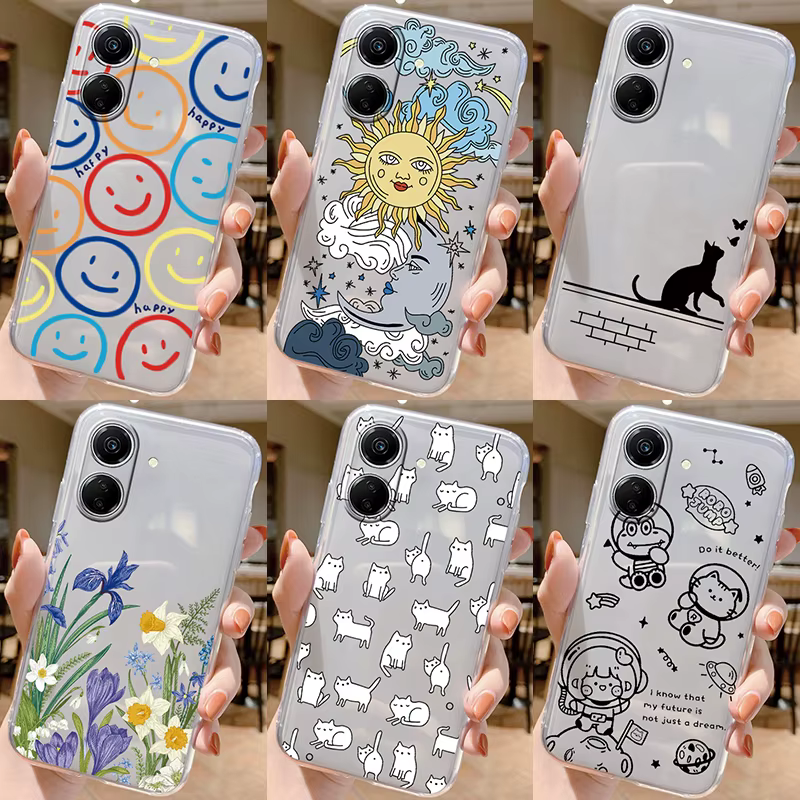 Para Poco C65 funda bonita y divertida Trippy sonrisa cara suave silicona transparente cubierta parachoques para Poco C65 PocoC65 6,74 "Fundas Shell