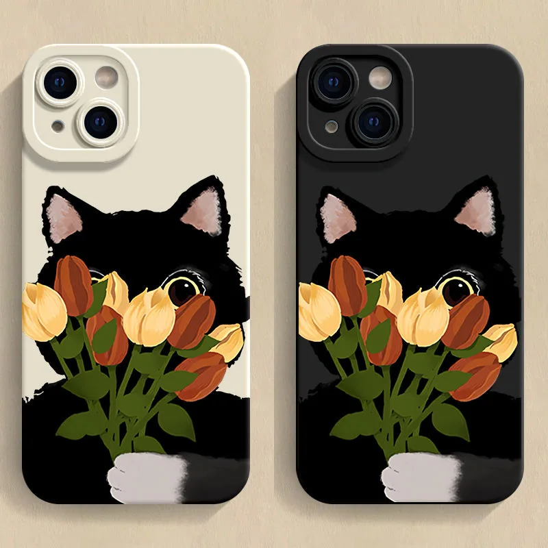 Funda de teléfono de gato negro con flores para Samsung Galaxy S25 Ultra S24 S23 S22 S21 Plus S20FE A55 A54 A35 A15 funda suave de silicona
