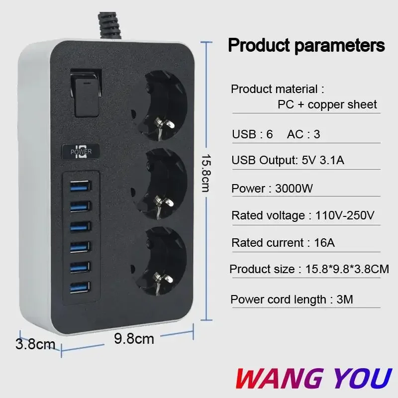 Tira de alimentación de Enchufe europeo para el hogar, cable de extensión inteligente, enchufe eléctrico, 6 puertos USB, 3.1A, carga de teléfono, filtro de red - imagen 5