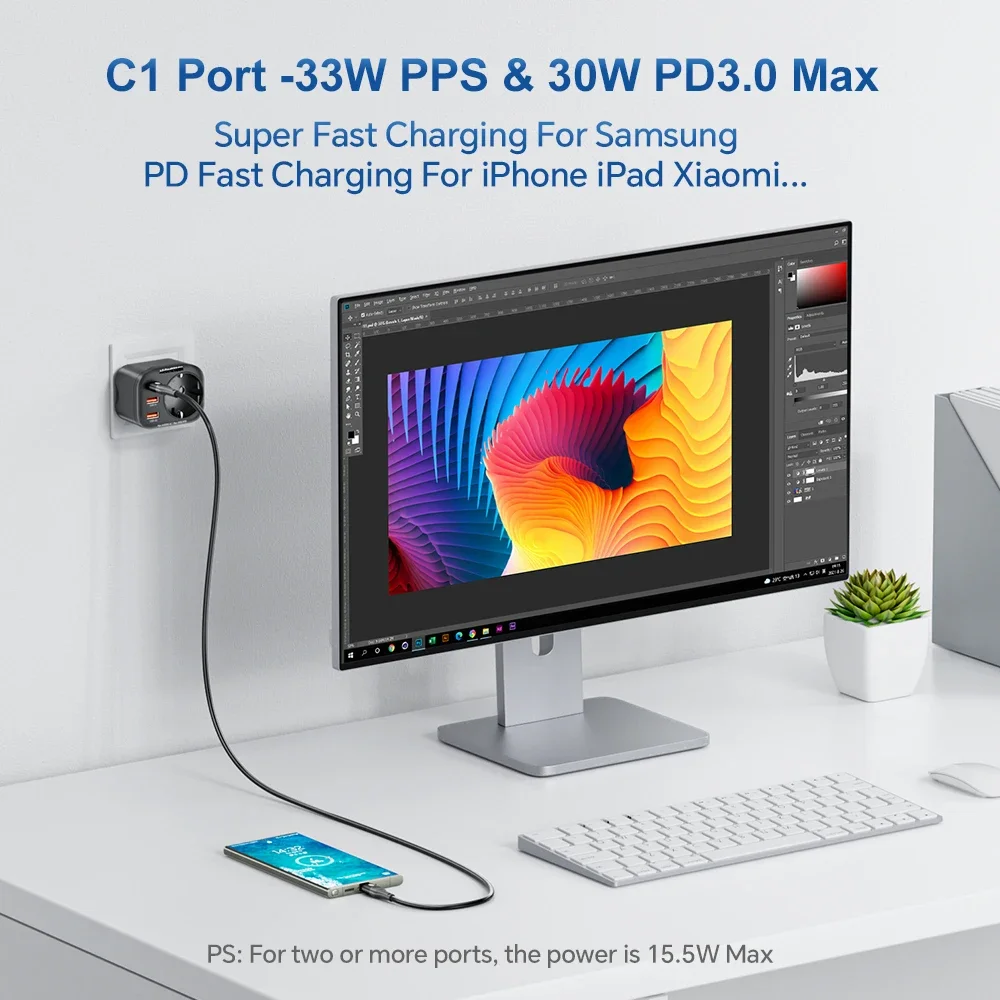 Cargador ASOMETECH 33W GaN PPS PD USB C enchufe de pared con tomas de corriente de 4000W cargador rápido para iPhone 14 Samsung - imagen 5