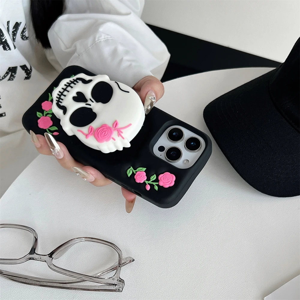 Moda creatividad cráneo Horror Rosa soporte funda para IPhone 17 16 15 14 13 12 11 Pro Max Plus funda suave a prueba de golpes - imagen 4