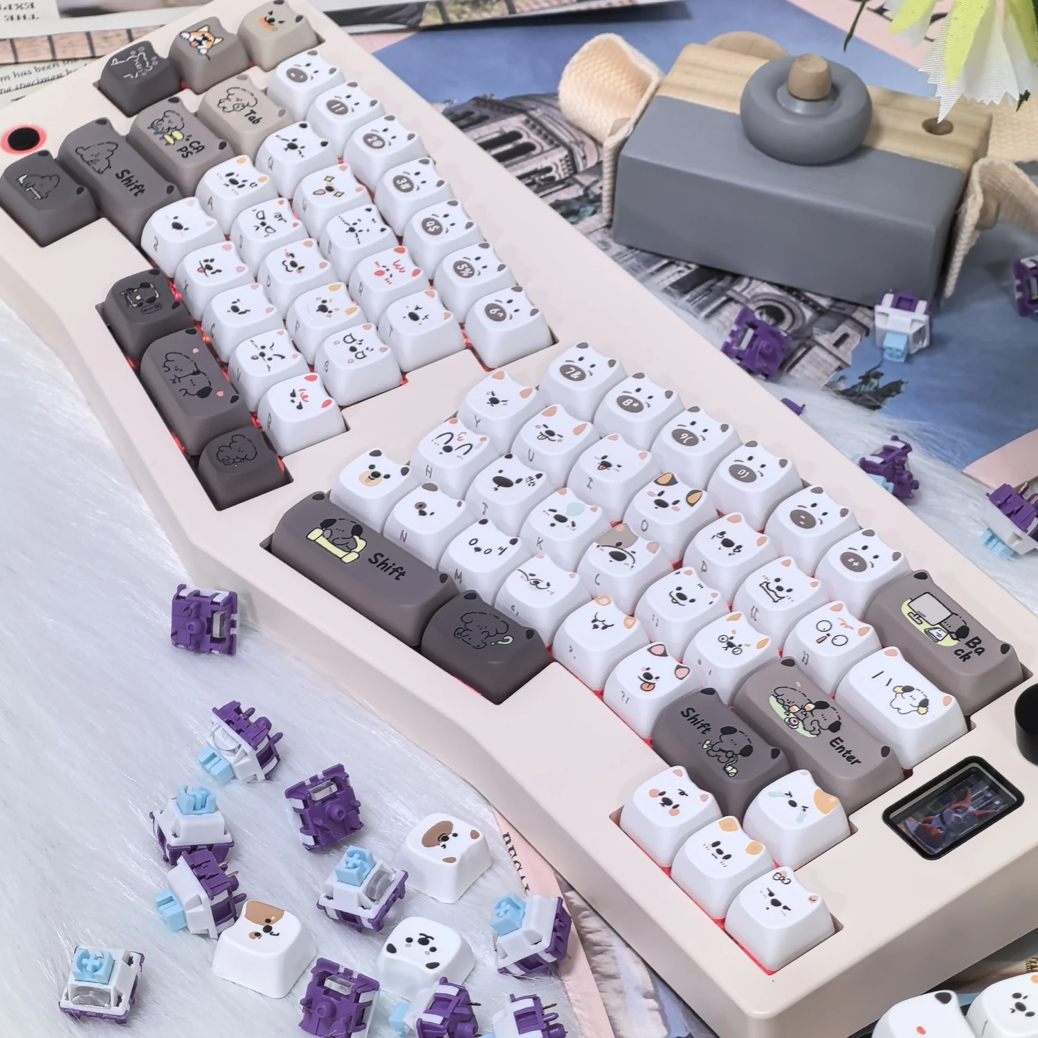 Teclas del equipo de cachorros lindos, perfil MAO, diseño único de cabeza de perro, letras grabadas laterales, juego de teclas PBT para teclado mecánico DIY - imagen 4