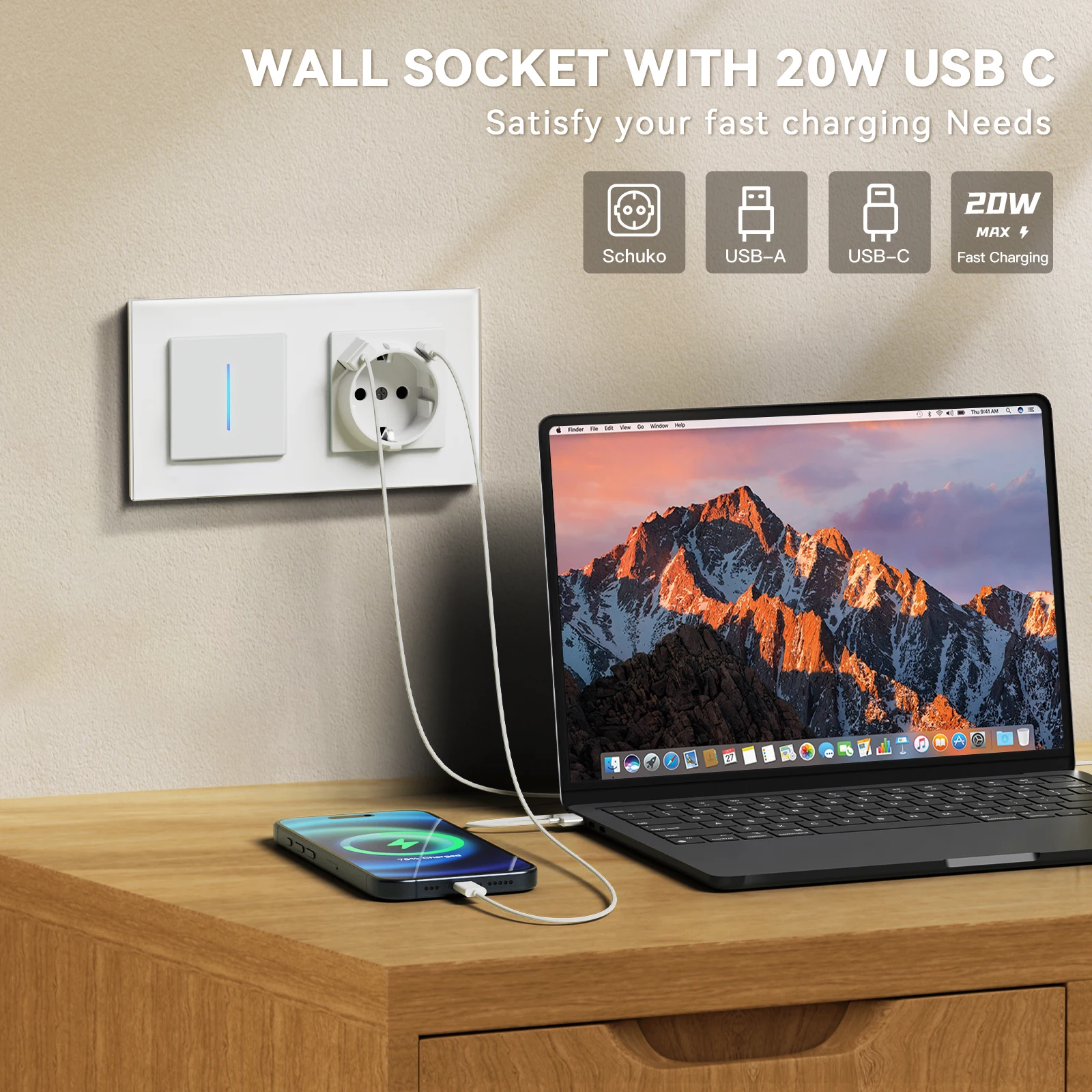 BSEED 1/2 interruptores de luz mecánicos interruptor de paso de 2 vías con enchufe de la UE USB tipo c indicador LED marcos de vidrio serie E - imagen 4