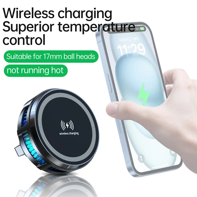 Cargador inalámbrico magnético para teléfono de coche, soporte de refrigeración Semiconductor, ventilador de luz de ambiente Universal para Iphone 17 16 15 Samsung, 15W - imagen 3