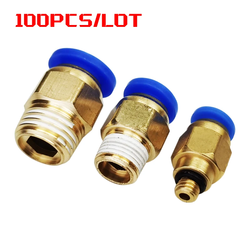 100 Uds PC conector de aire neumático 12mm 10mm 8mm 6mm 4mm manguera rosca macho BSP 1/4 "1/2" 1/8 "3/8" casquillo de aire latón acoplamiento rápido