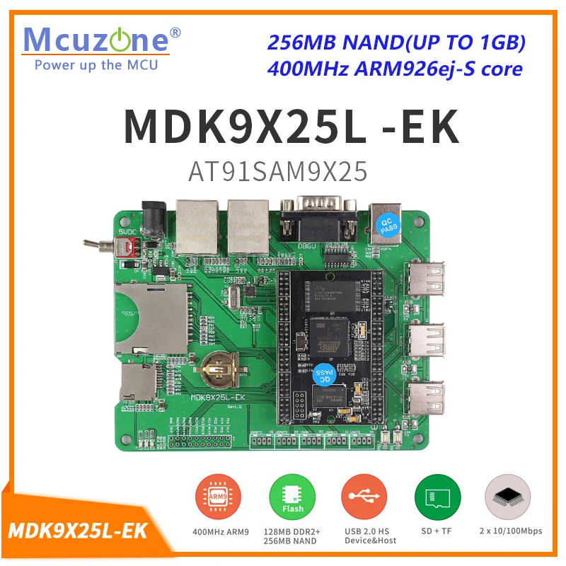 MDK9X25L-EK, CPU AT91SAM9X25 de 400MHz, 256MB DDR2, 256M nand,Dual Ethernet, USB TF de alta velocidad, 6*UART,ARM9 JTAG