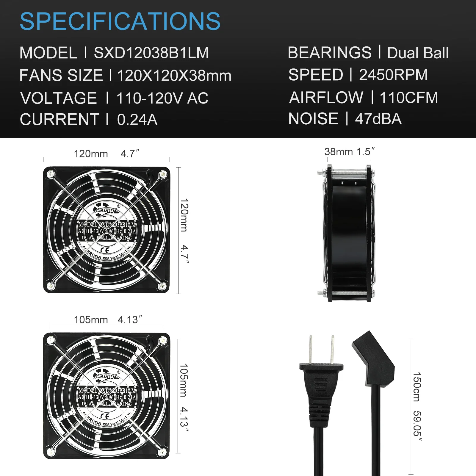 Ventilador de refrigeración de CA 1238, 120 mm, 120 V 115 V 110 V, alta velocidad con cable de alimentación, rodamiento de bolas dual para refrigeración de computadora - imagen 5