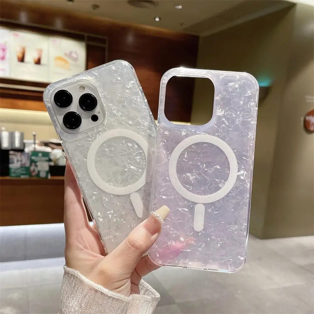 Funda blanda magnética de mármol con purpurina para Magsafe IPhone 16 15 14 13 12 Pro Max Plus 16Pro 15Pro ProMax Mag, funda segura para teléfono