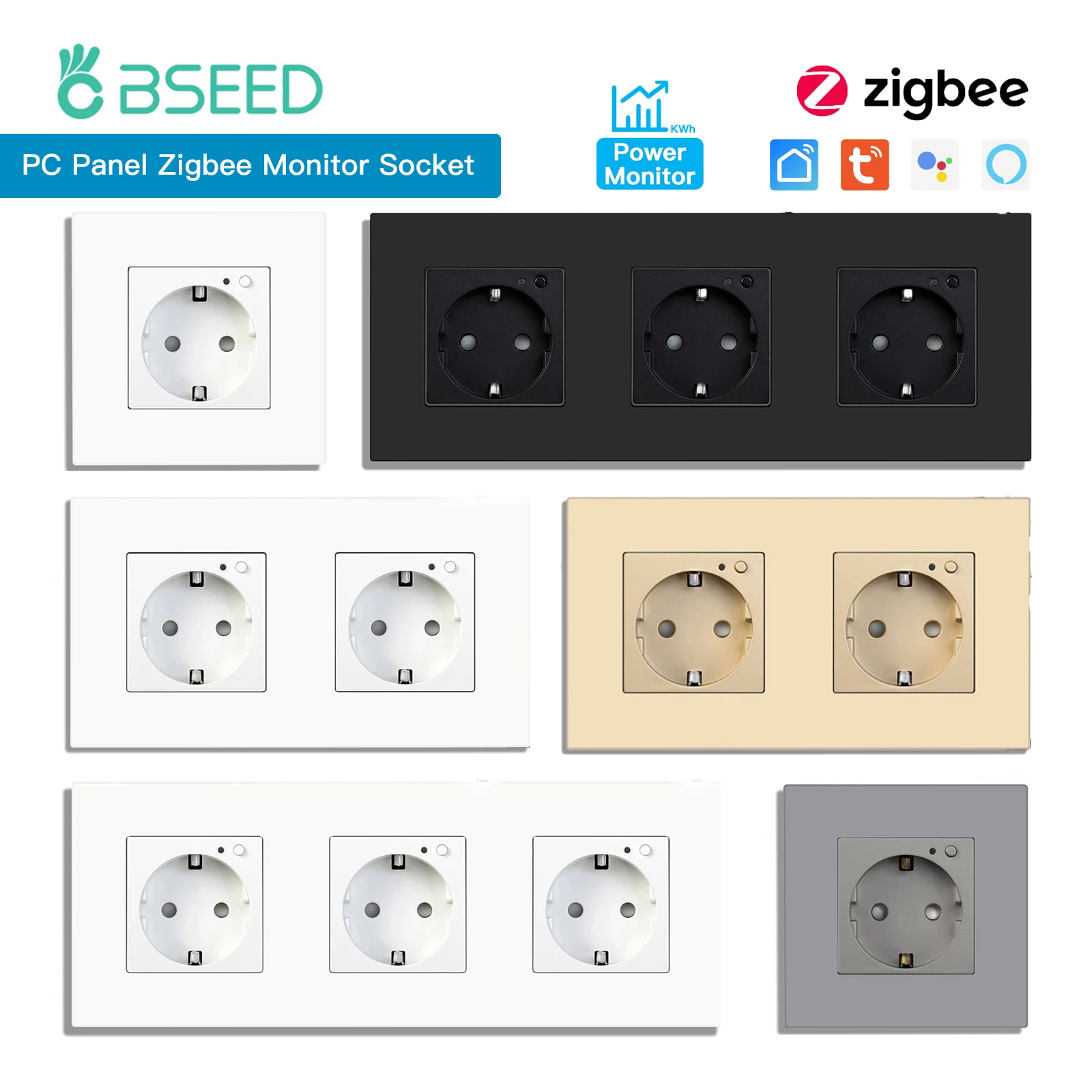 BSEED-enchufe de pared Zigbee estándar de la UE, Monitor de potencia inteligente, Panel de plástico de 220V, 16A, Tuya, Alexa, Google, Control de vida inteligente