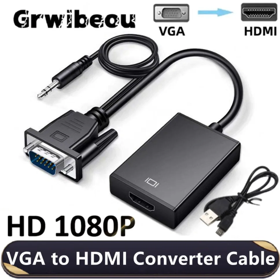Cable adaptador HD 1080P VGA a HDMI con salida de Audio de 3,5mm + convertidor VGA a HDMI alimentado por USB para PC portátil a proyector HDTV