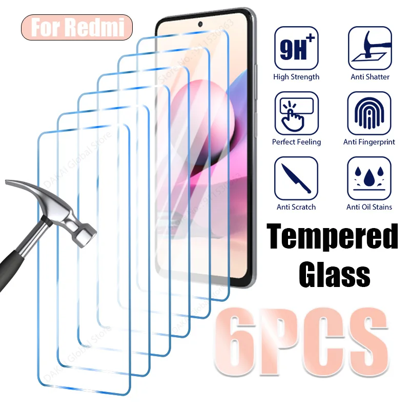 6 uds vidrio templado para Xiaomi Redmi Note 11 12 Pro Plus 5G 12S 10 Pro 11S 10S 9 8 7 Protector de pantalla para Redmi 12C 10C 9A 9T 8T - imagen 2