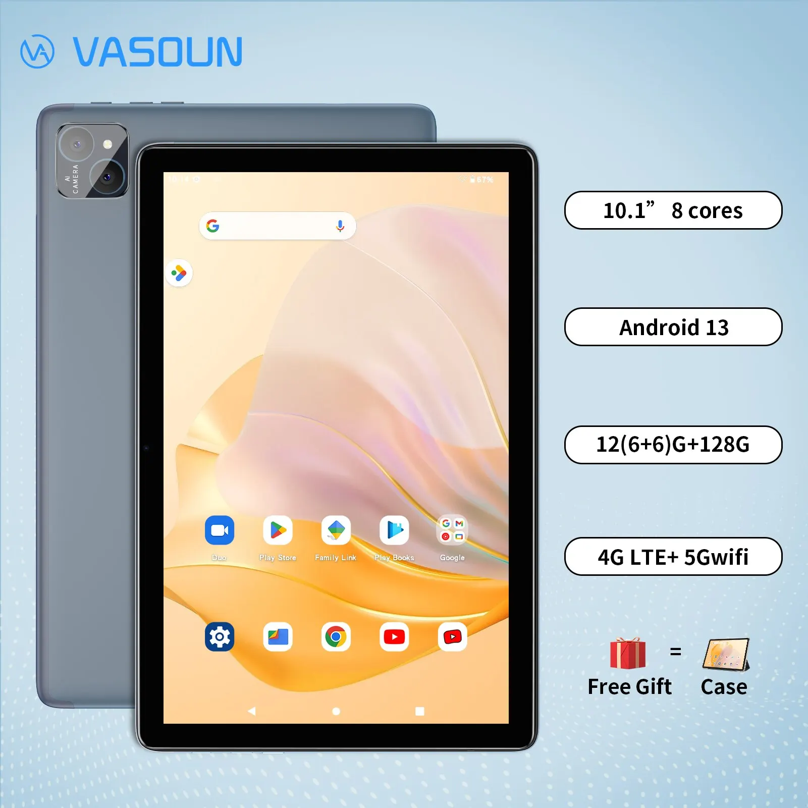 VASOUN-Tableta Android 14 DE 10,1 pulgadas, 12GB RAM, 128GB ROM, Octa Core, Dual SIM, 4G, desbloqueada con WiFi 2,4G/5G, GPS - imagen 2