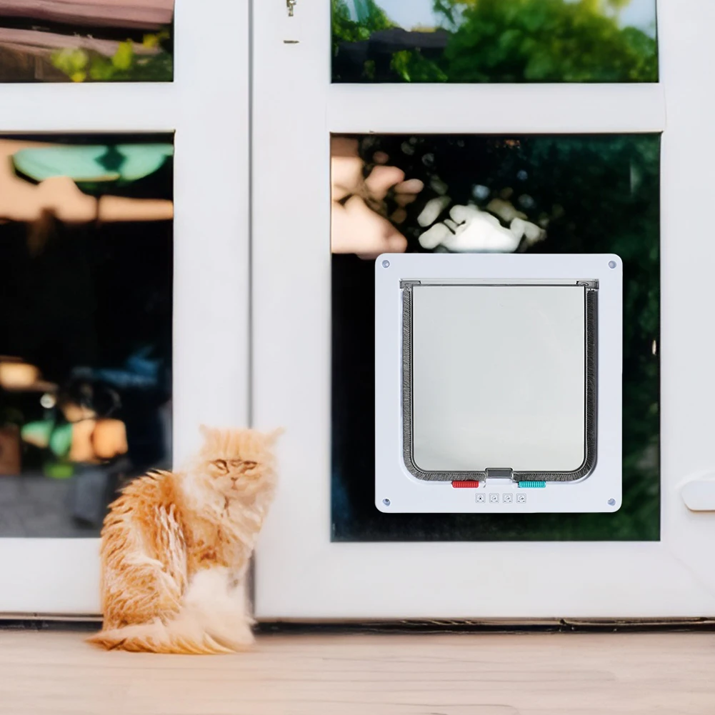 Puerta con solapa para gato con cerradura de seguridad de 4 vías, puerta de seguridad para mascotas pequeñas de plástico ABS, transparente, fina