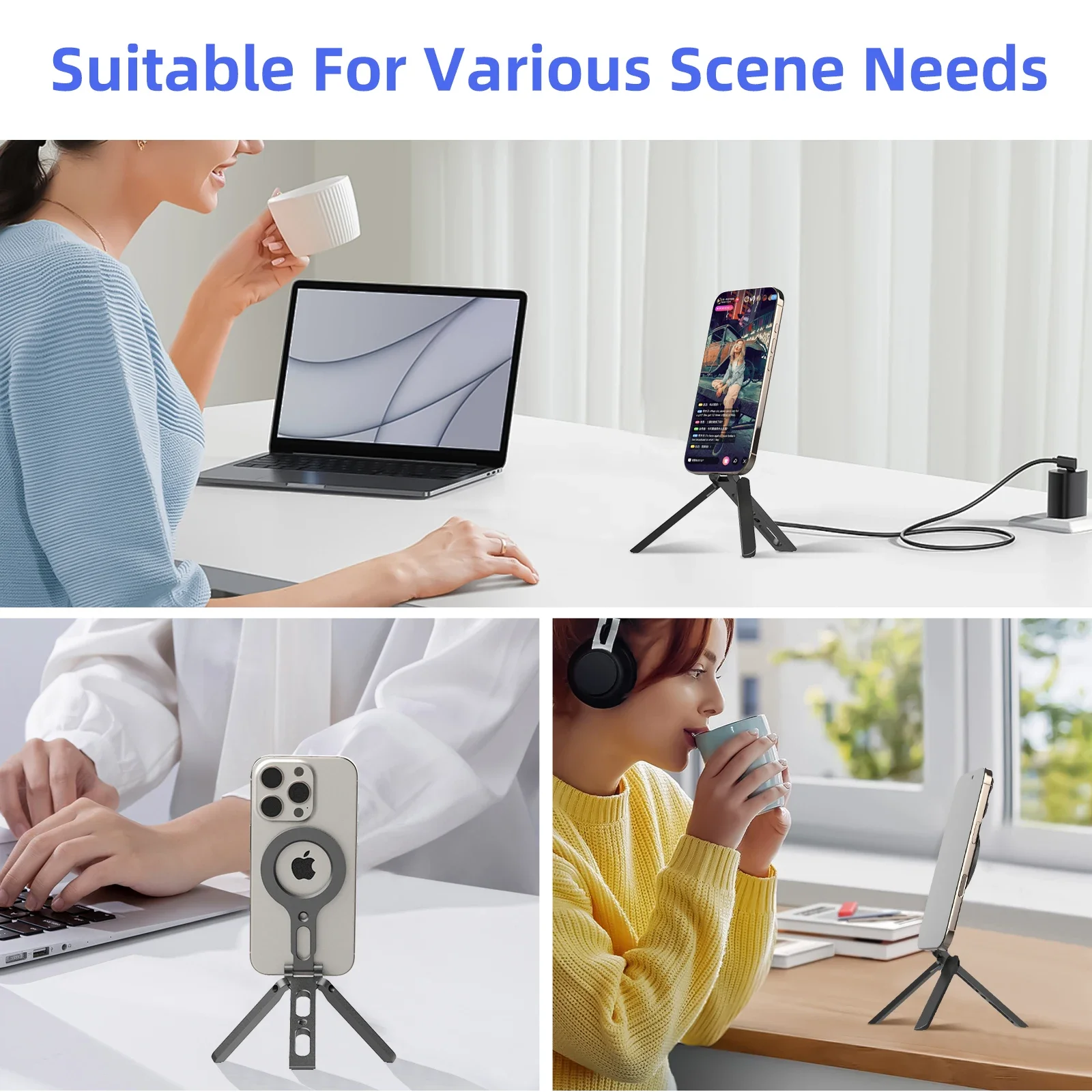 Soporte magnético para teléfono con Magsafe para iPhone serie 16, 15, 14, 13, 12, soporte plegable para teléfono de bolsillo de escritorio, trípode para viaje - imagen 5