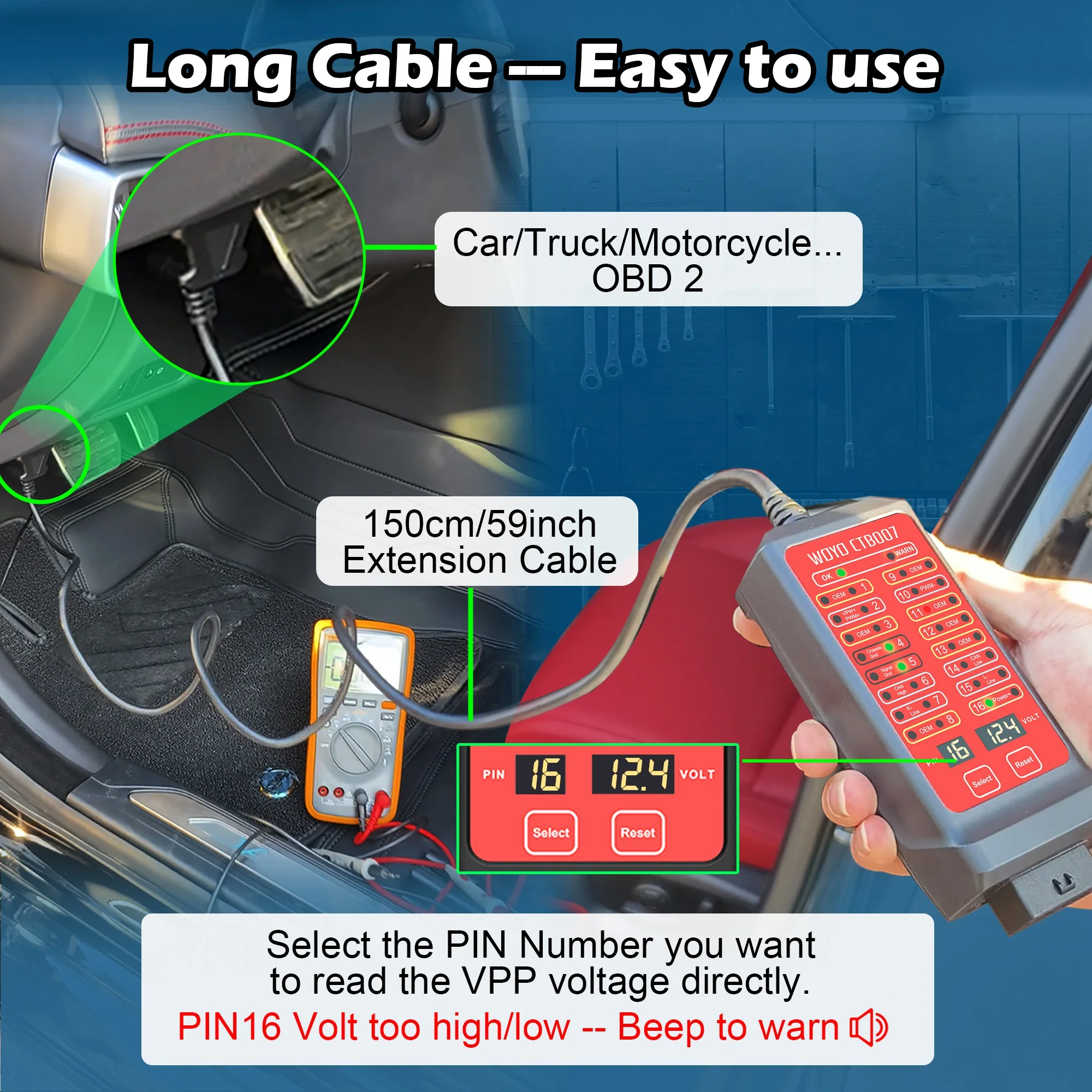 WOYO CTB007 Caja de prueba CAN 12V 24V OBD2 Caja de ruptura con cable de 27/59 pulgadas para todos los herramientas de diagnóstico automotriz - imagen 2