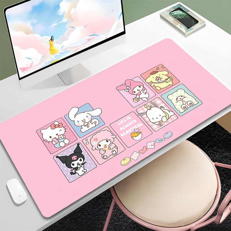 Alfombrilla de ratón de Anime Rosa Cinnamoroll, alfombrilla de ratón grande antideslizante para ordenador portátil, alfombrilla de teclado de oficina 900x400, Alfombra de escritorio de juegos de PC de dibujos animados