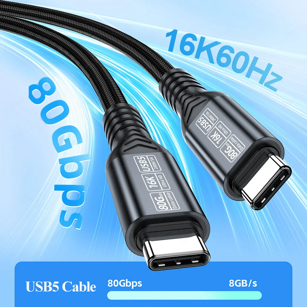 Cable USB5 tipo C de 16K, 60Hz, Cable de datos de transferencia de 80Gbps para disco duro, Cable de teléfono móvil USB C 4 PD 240W, carga rápida para ordenador portátil