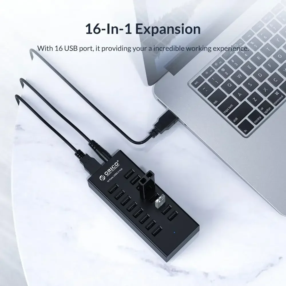 ORICO-Hub USB Industrial de aluminio, divisor USB de 16 puertos, estación de acoplamiento USB con adaptador de corriente de 12V para accesorios de ordenador portátil - imagen 2