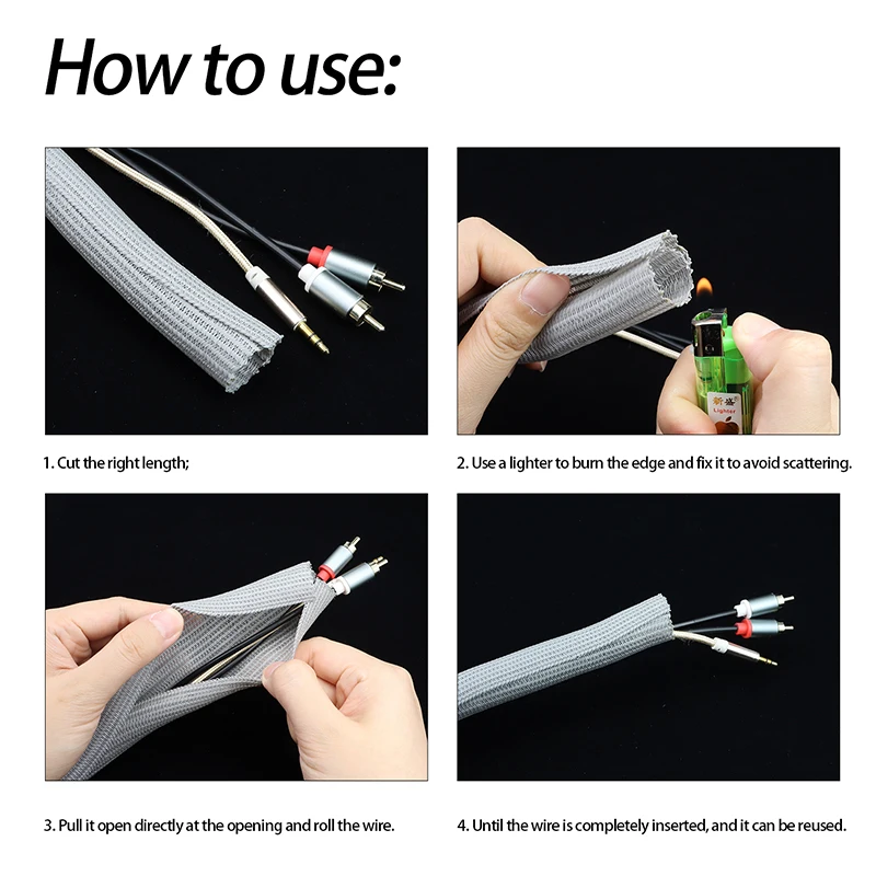 Funda de Cable aislante trenzada PET de 1 ~ 10m, funda autofechada de 3mm ~ 50mm, funda organizadora de cables resistente al desgaste de alta protección - imagen 4