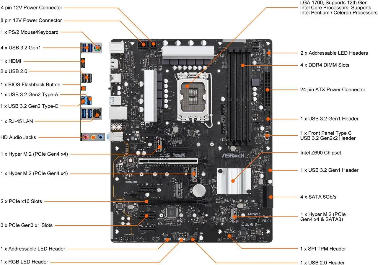 Placa base ASRock Z690 Phantom Gaming 4 LGA 1700 DDR4 intel Z690 DDR4 M.2 NVMe compatible con i9-14900 i5-13600 i9-12900 i5-12400 cpu - imagen 4