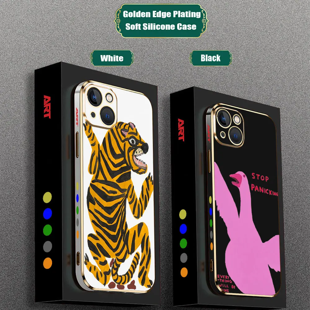 D-davids-shrigley Funda de arte Visual para iPhone 15 14 Pro Max 13 12 Mini 11 7 8 Pro XSMax XR SE, Funda de teléfono chapada de lujo