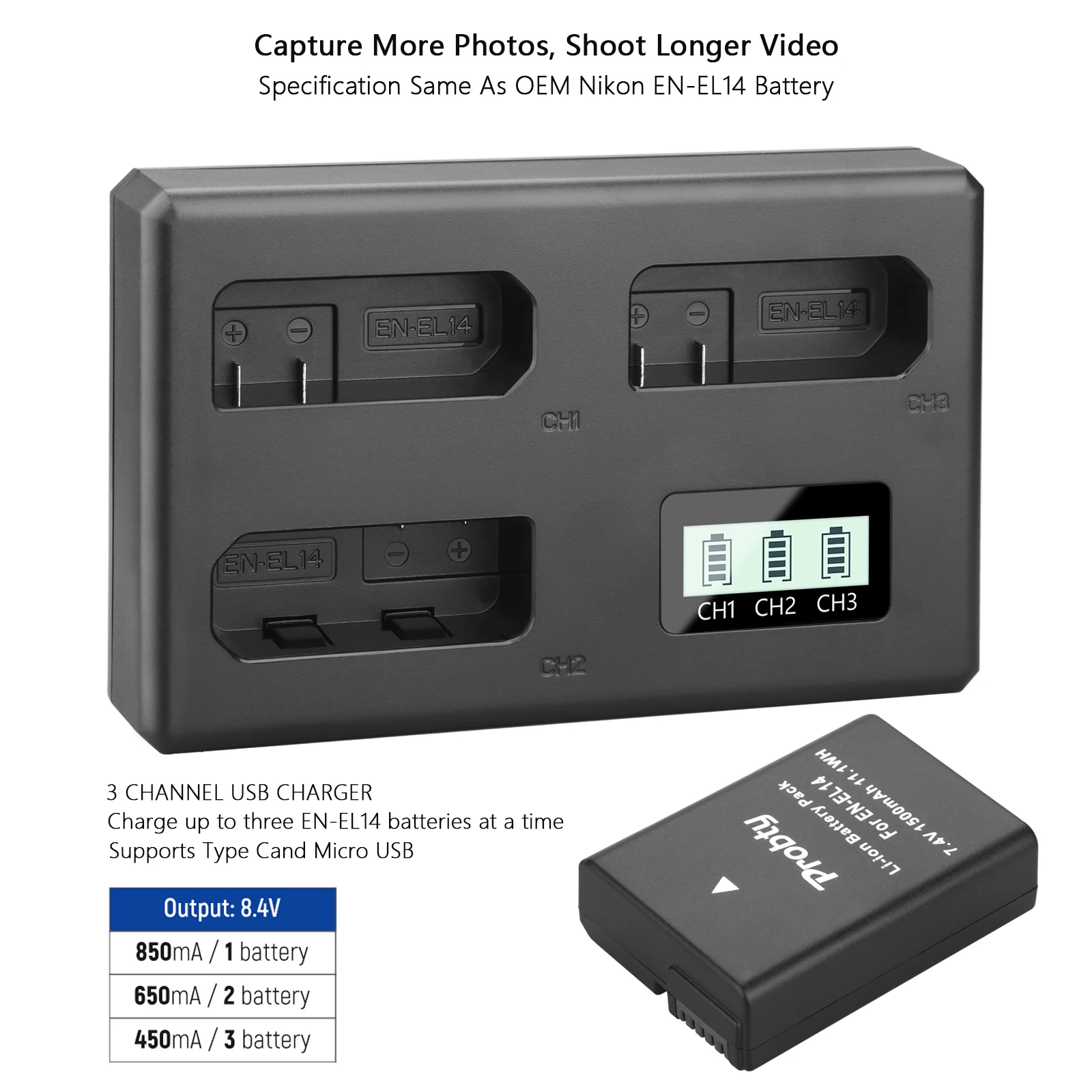 Batería EN-EL14 EN EL14 EN-EL14a con cargador de 3 canales para Nikon Coolpix P7000, P7100, P7700, P7800, D3100, D3200, D3300, D3400 - imagen 5