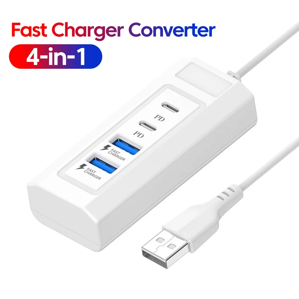 Cargador USB multipuerto PD, carga rápida, divisor QC3.0 de 4 puertos, cargador rápido para adaptador de pared de enchufe de extensión de teléfono móvil ﻿