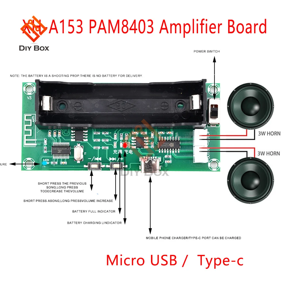 Placa amplificadora PAM8403 2*5W 2,0 canales estéreo Clase D amplificador de Audio Bluetooth 5,0 18650 soporte de batería altavoz de tarjeta TF