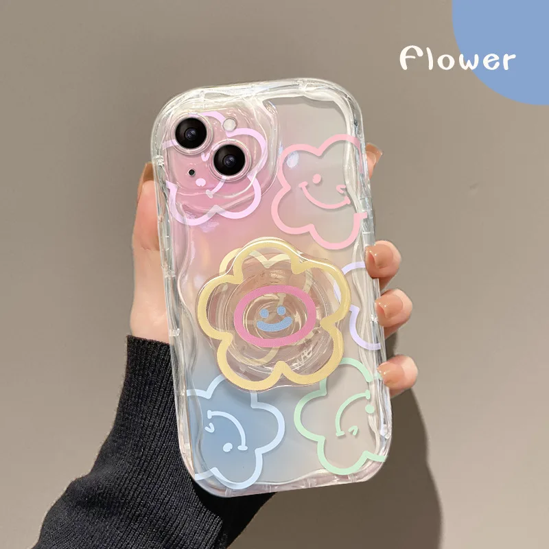 Funda de teléfono con soporte de flores y sonrisa de Color para iPhone 16 Pro Max 16E 15 Plus 11 12 13 14 SE 2022, funda transparente suave con soporte - imagen 5