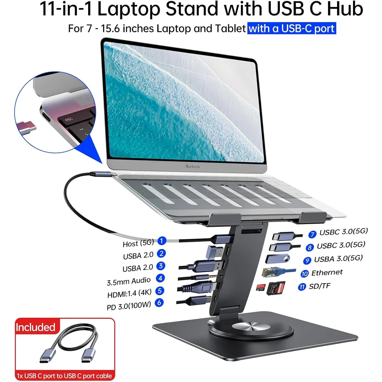 Soporte para portátil ALl en 1 para MacBook Pro Air Dell HP Surface 360 °   Plegable giratorio con concentrador USB Soporte universal para computadora portátil