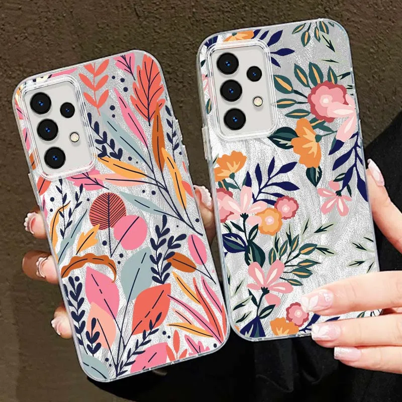 Patrón de flores coloridas para Samsung Galaxy A56 A73 A72 A71 A55 A54 A53 A52 A35 A34 A33 A31 funda de teléfono con textura de plumas