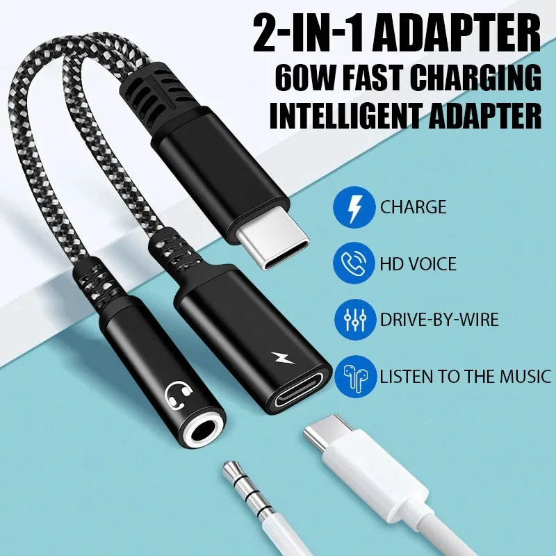 Adaptador de conector para auriculares 2 en 1 USB C a 3,5mm tipo C PD 60W adaptador auxiliar de Audio de carga para Ipad Pro Samsung S20 Ultra Xiaomi Huawei - imagen 2