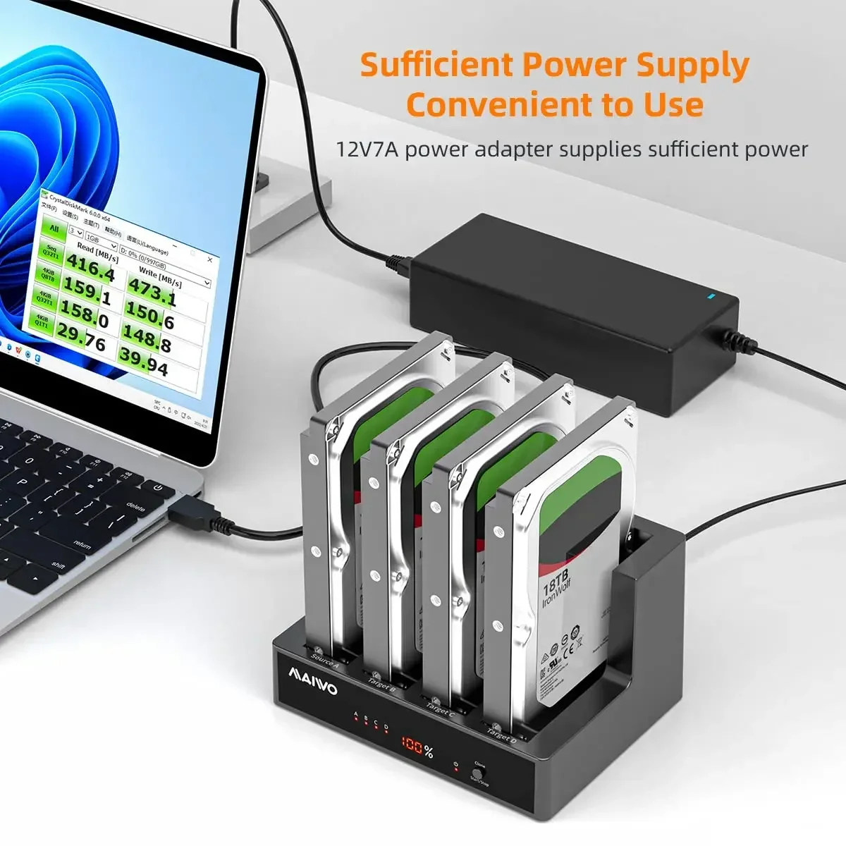 MAIWO Estación de acoplamiento HDD de 4 bahías SATA a USB3.0 Caja para SSD/HDD de 2,5 ''/3,5'' con pantalla digital Soporte clon sin conexión - imagen 5