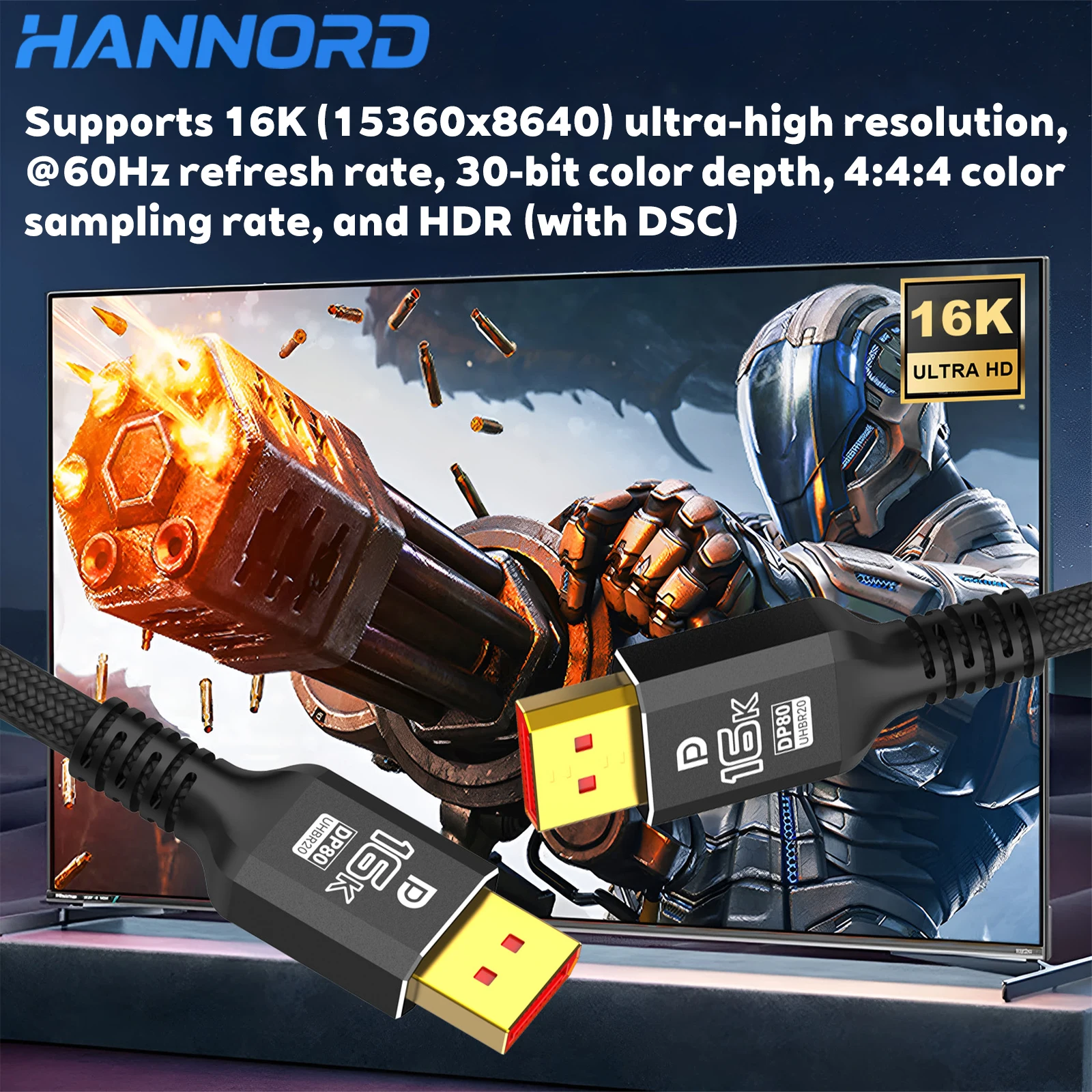 Hannord 16K Displayport Cable DP2.1 Cable compatible con 16K @ 60Hz 80Gbps para Monitor de juegos portátil HBR3 HDR tarjeta gráfica 4090 PC - imagen 2