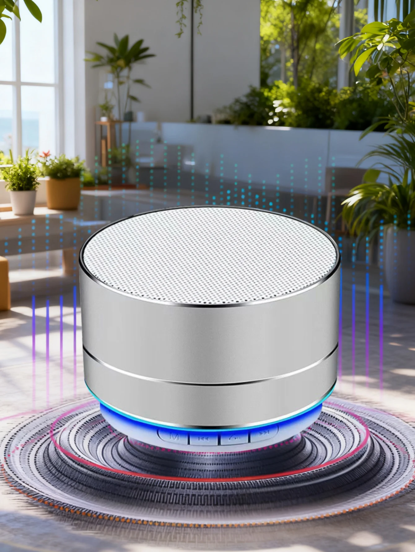 Altavoz Bluetooth brillante RGB con textura metálica, un nuevo socio de audio para video en el hogar y reproducciones de moda al aire libre