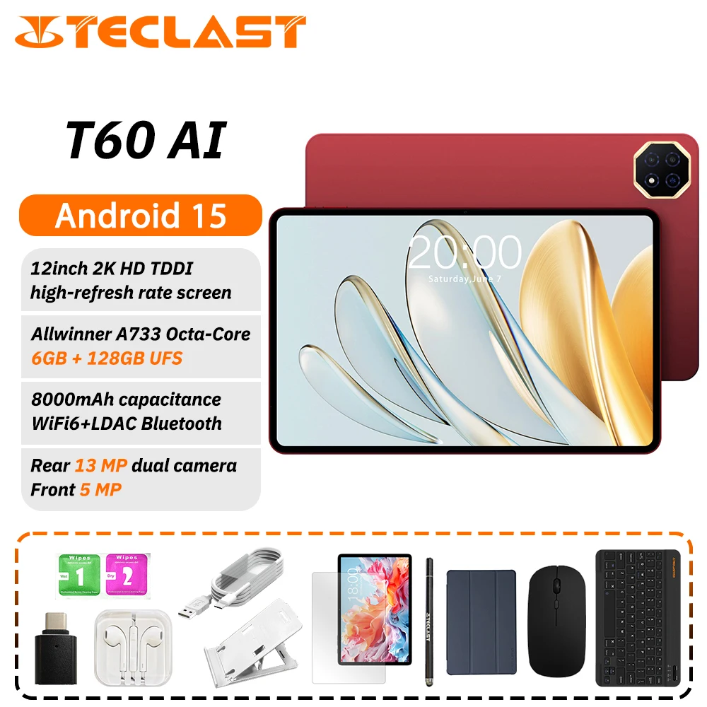 Teclast T60 AI Tablet Allwinner A733 Octa-Core 12 pulgadas 2K HD TDDI pantalla 6GB RAM 128GB ROM Android 15 WiFi6 8000mAh 13MP + 5MP