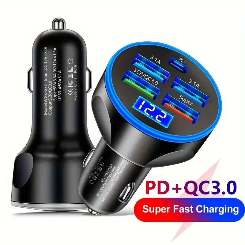 Cargador de coche de 5 puertos, cargador de teléfono de coche USB C de carga rápida para iPhone, Samsung, Xiaomi PD tipo C Mini adaptador en coche