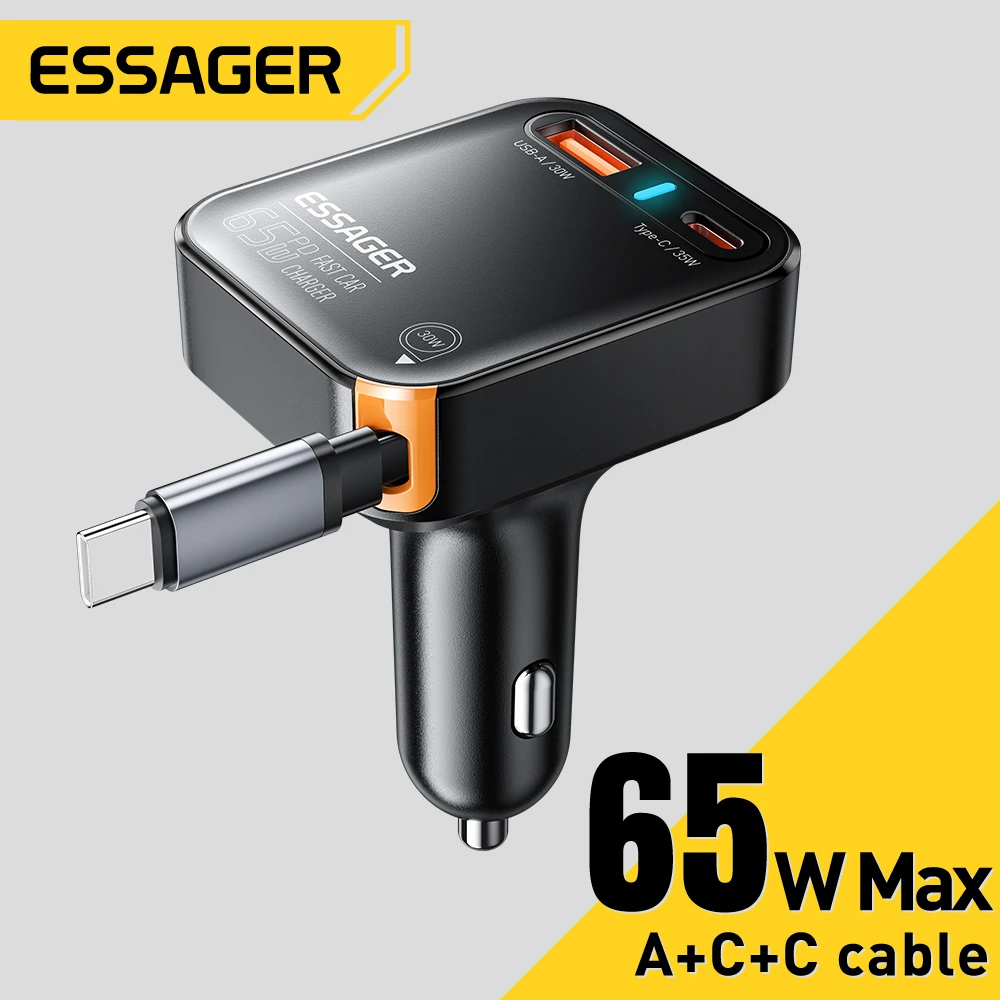 Cargador de coche Essager de 3 puertos USB C con Cable retráctil tipo C 65W QC3.0 carga rápida para iPhone 16 15 14 ipad Samsung Huawei - imagen 2