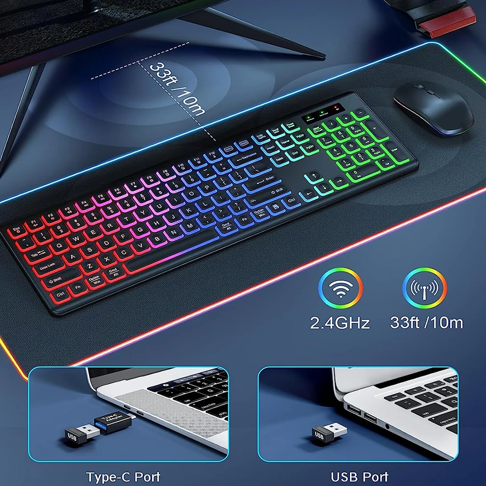 JOMAA Teclado y Ratón Inalámbrico RGB USB-C Gaming Tamaño Completo - imagen 3