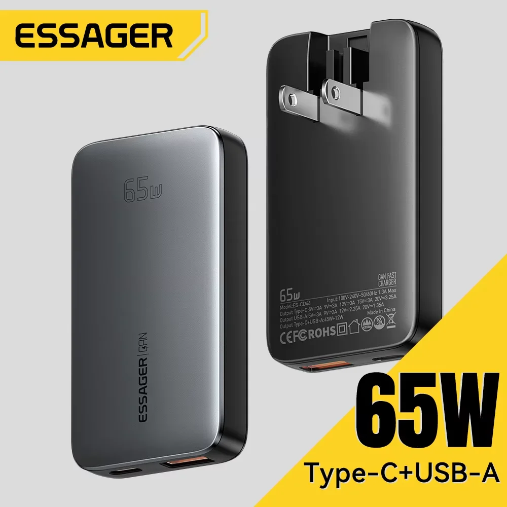 Essager 65W GaN Charger Ultra Thin Quick Charge 4.0 PD3.0 PPS Portable USB Type C Charger For Macbook Laptop iPhone 16 15 14 13