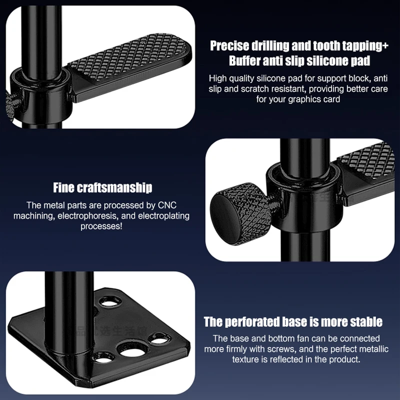 Soporte GPU de aluminio para chasis de vidrio templado (montaje del enfriador del ventilador), 1,8-8 cm ADJ. Soporte para tarjeta gráfica Jack, negro/plateado - imagen 3