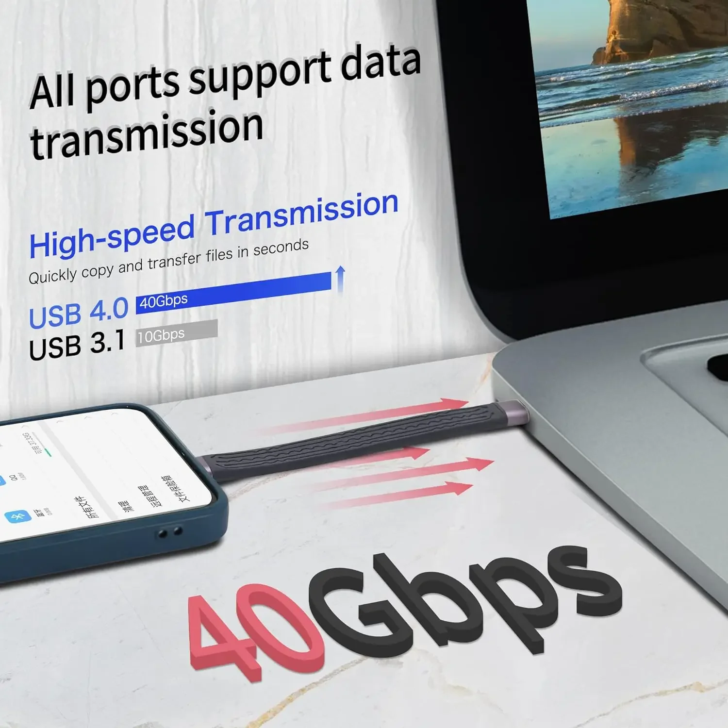 Cable de datos portátil tipo C USB4, 40Gbps, C a C, 100W, carga rápida, plano, delgado, FPC, corto, para ordenador portátil, teléfono móvil, banco de energía - imagen 3