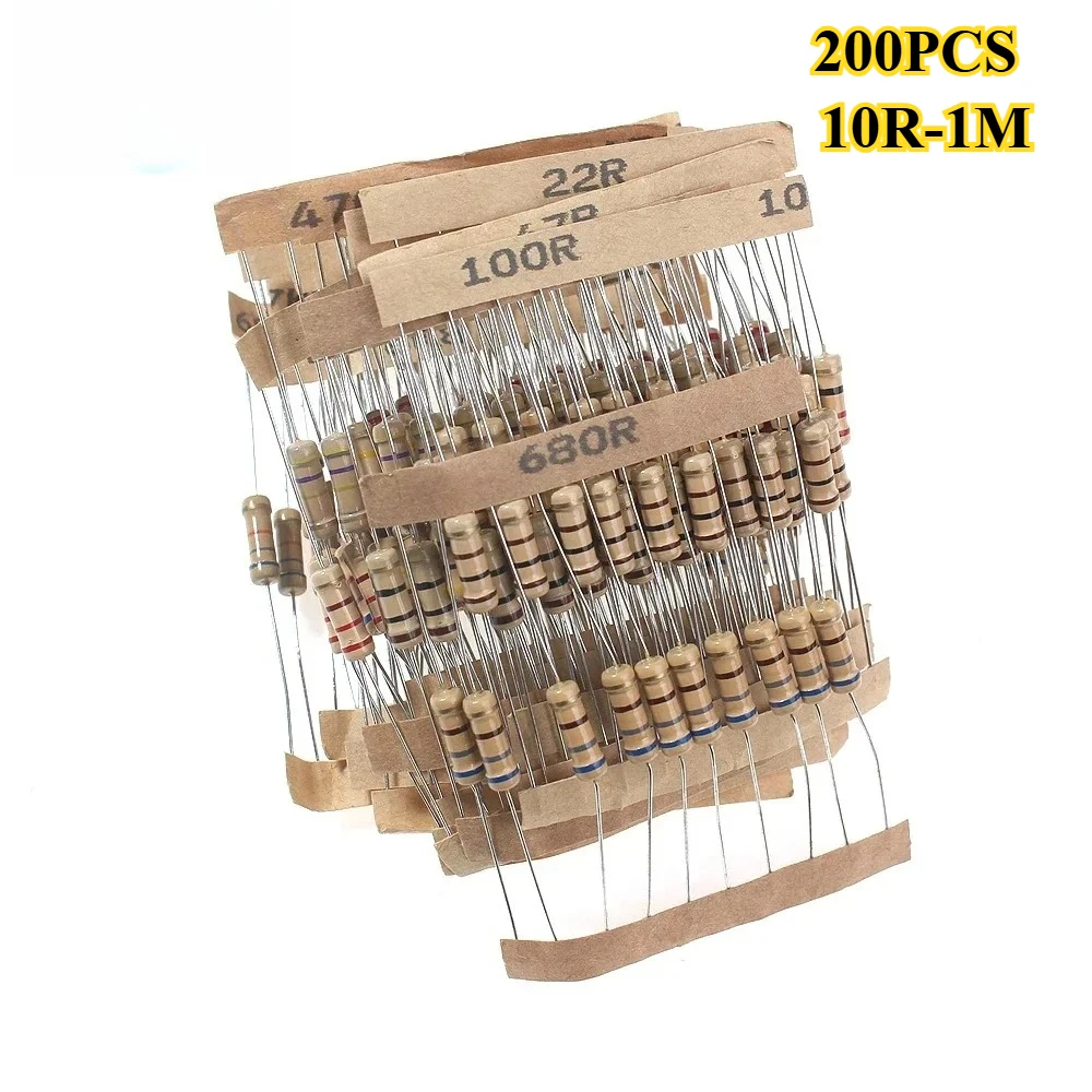 200 Uds 5% 1W Kit surtido de resistencias de película de carbono 20 valores 10 Ohm-1M paquete de resistencias 6,8K 10K 22K 47K 68K 100K 470K 1M Ohm
