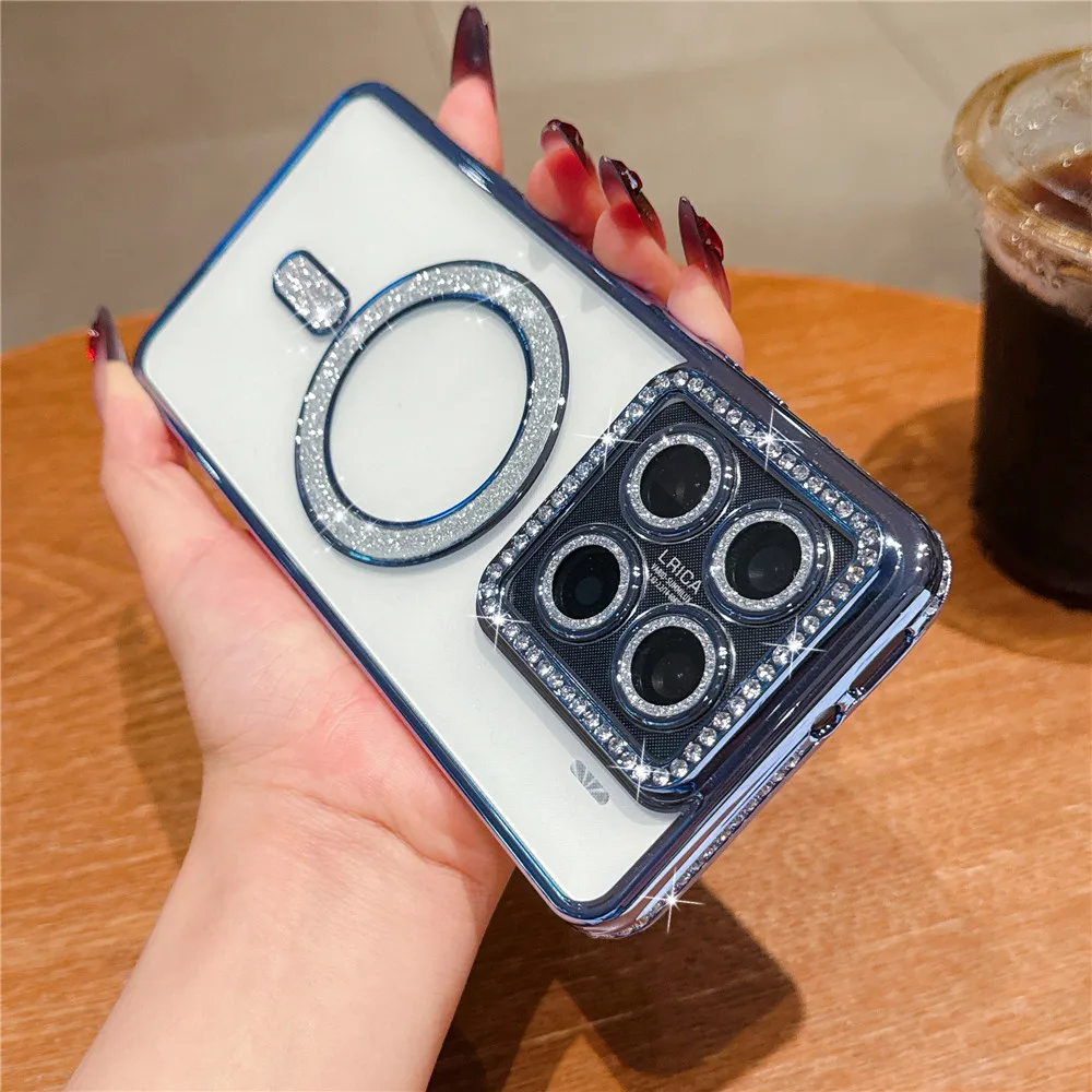 Funda de teléfono transparente con purpurina de diamante para Xiaomi 14T Pro Redmi Note 14 Pro Plus POCO X7 magnética para cubierta de carga inalámbrica Magsafe - imagen 2