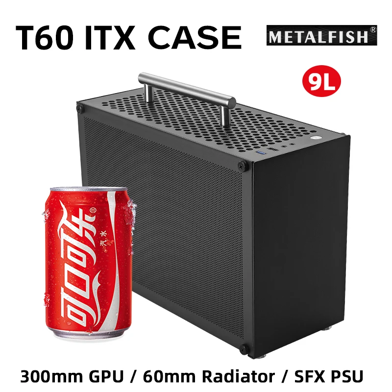 METALFISH T60 Mini ITX caja negra 9L con Panel lateral acrílico o malla y soporte de mango portátil SFX PSU/310mm GPU/2*120mm ventilador - imagen 5