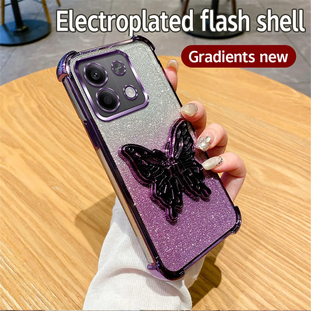 Funda de teléfono con soporte de mariposa a prueba de golpes para Xiaomi Redmi Note 14 Pro Plus 14C 4G 5G 14T POCO X7 Pro cubierta de silicona con brillo degradado - imagen 3