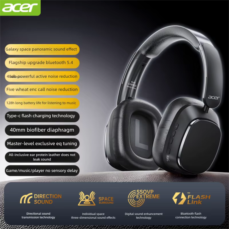 Auriculares Bluetooth Acer OHR525 ANC, auriculares con sonido envolvente y micrófono HD, auriculares con cancelación activa de ruido, llamadas ENC, 1000mAh