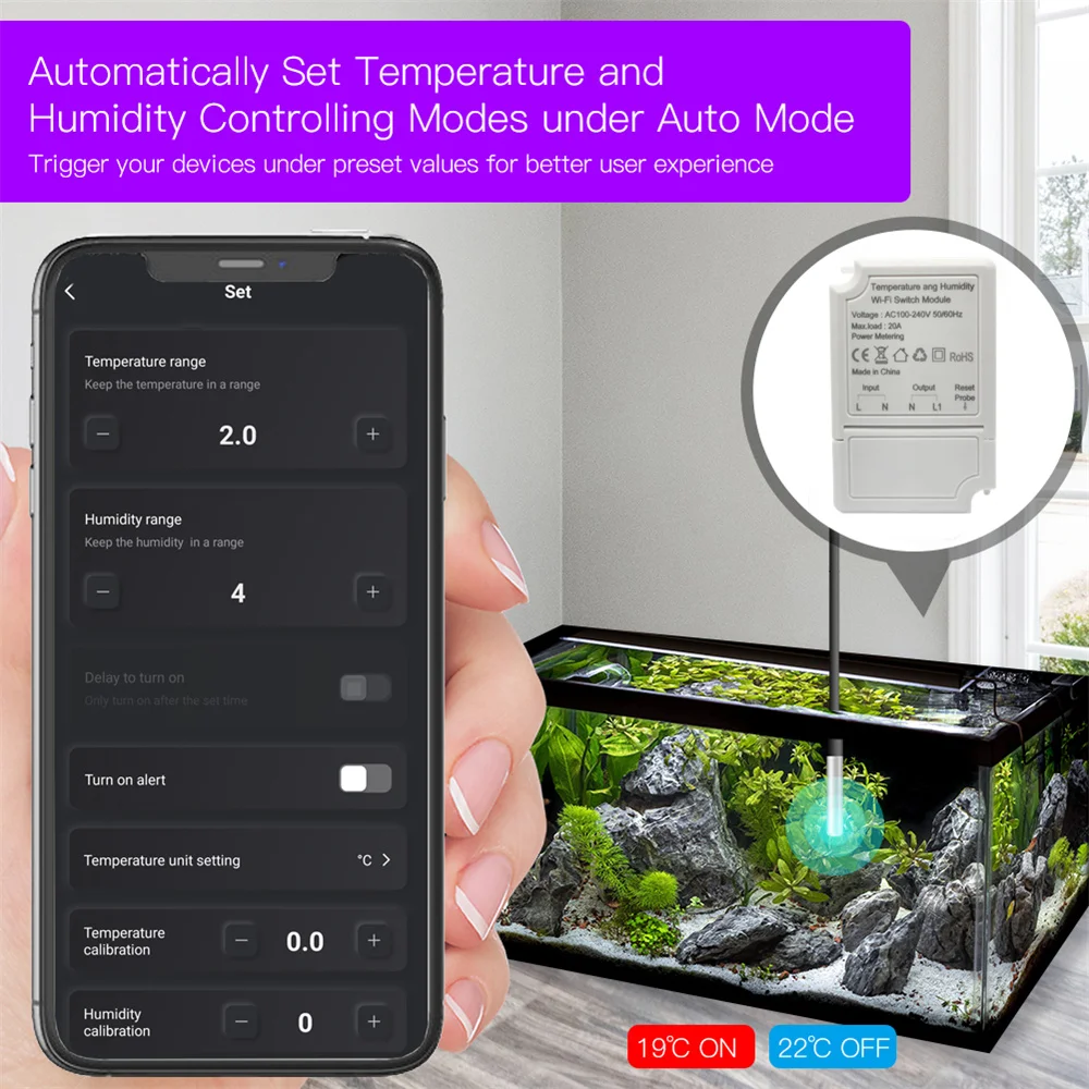 Se muestra una aplicación de teléfono con una pecera y termostato